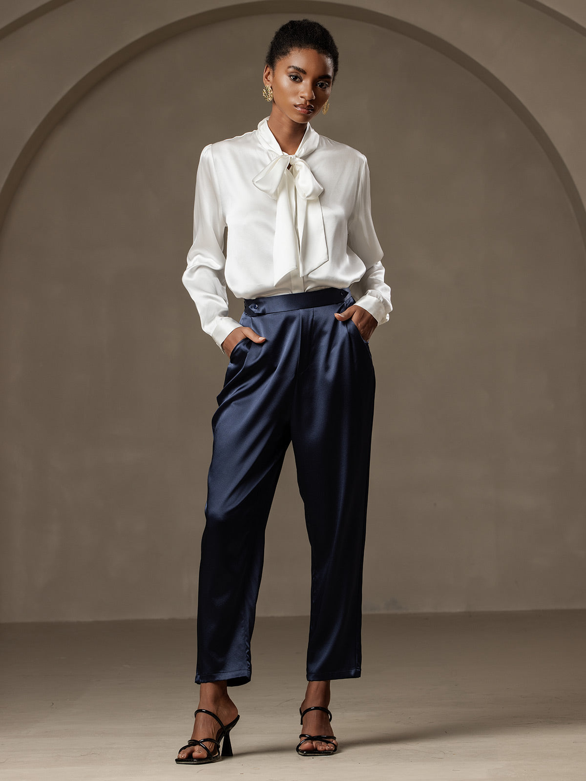 [أزرق غامق] SilkSilky-SA 19Momme الحرير Womens Pants 001