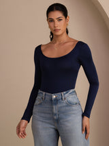 [أزرق غامق] SilkSilky-SA Long Sleeve رقبة على شكل حرف U تي شيرت نسائية 001