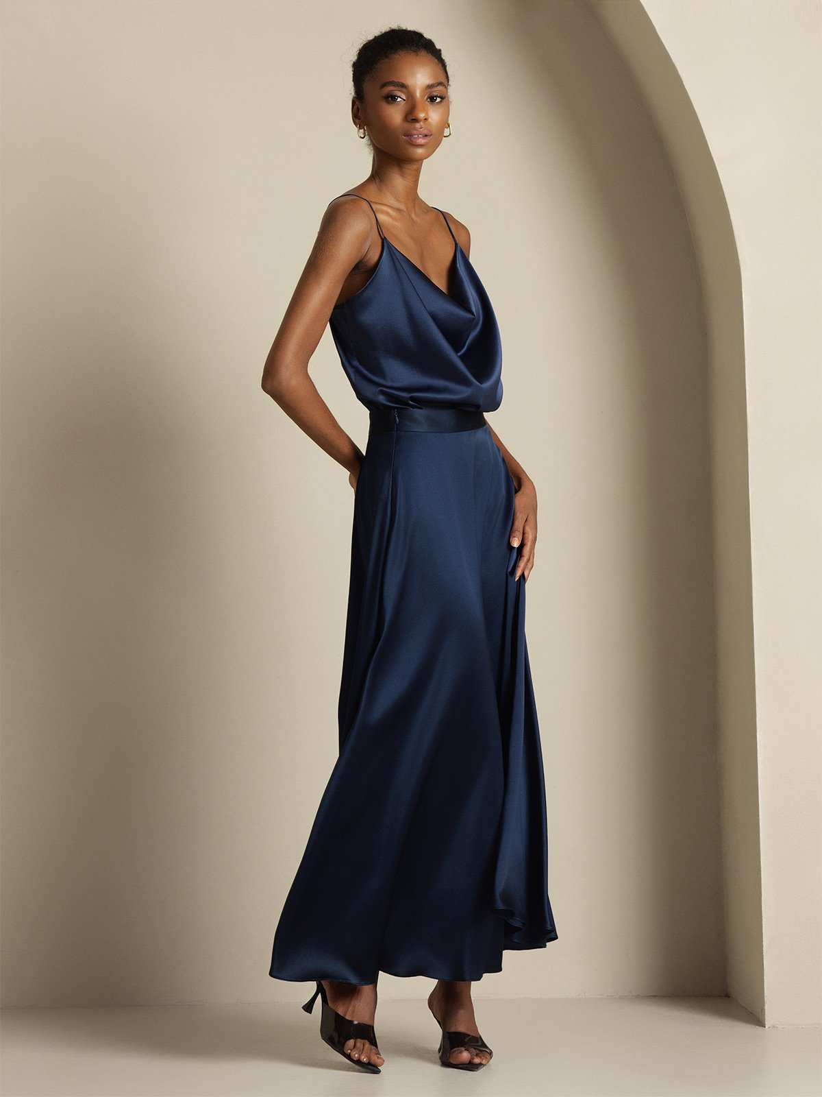 [أزرق غامق] SilkSilky-SA 19Momme الحرير فتحة عنق بثنيات ملفوفة Women''s Outfit Sets 005,