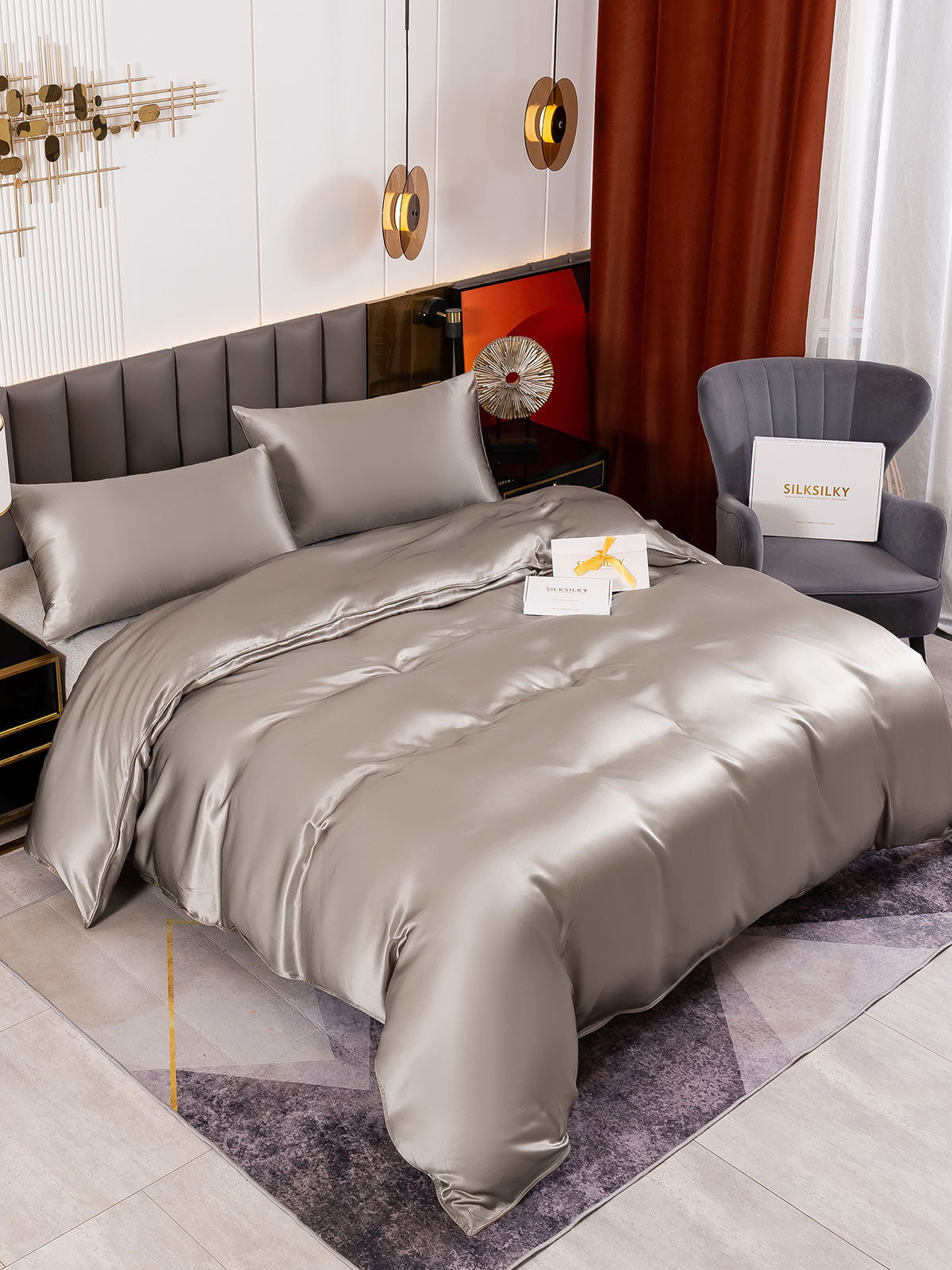 SilkSilky SA 19Momme الحرير الخالص Bedding Set رمادي 001