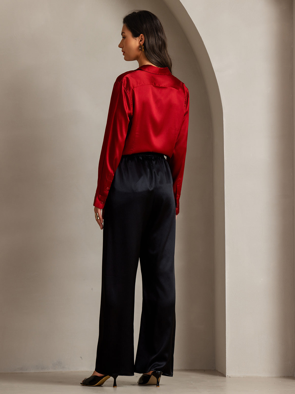 [أحمر] SilkSilky-SA الحرير Lapel Collar بلايز نسائية 002,