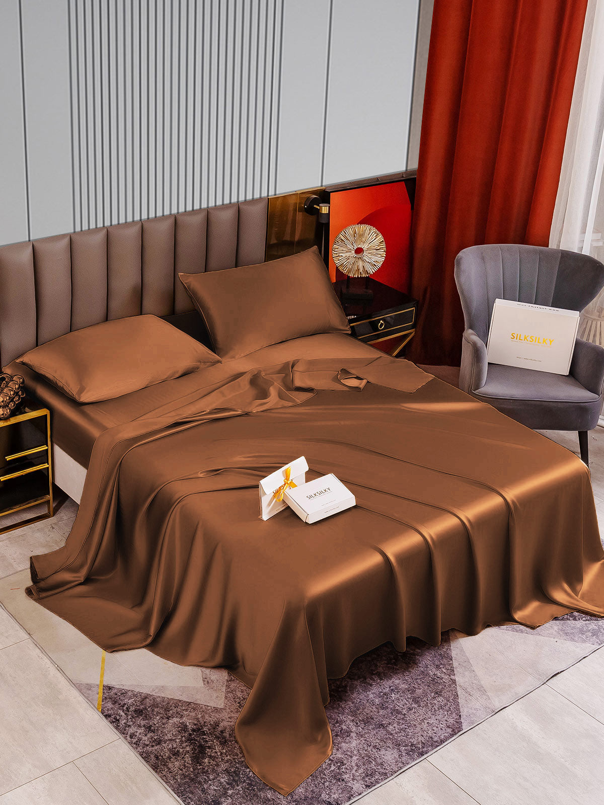 SilkSilky SA 22Momme الحرير الخالص Bedding Set قهوة 002