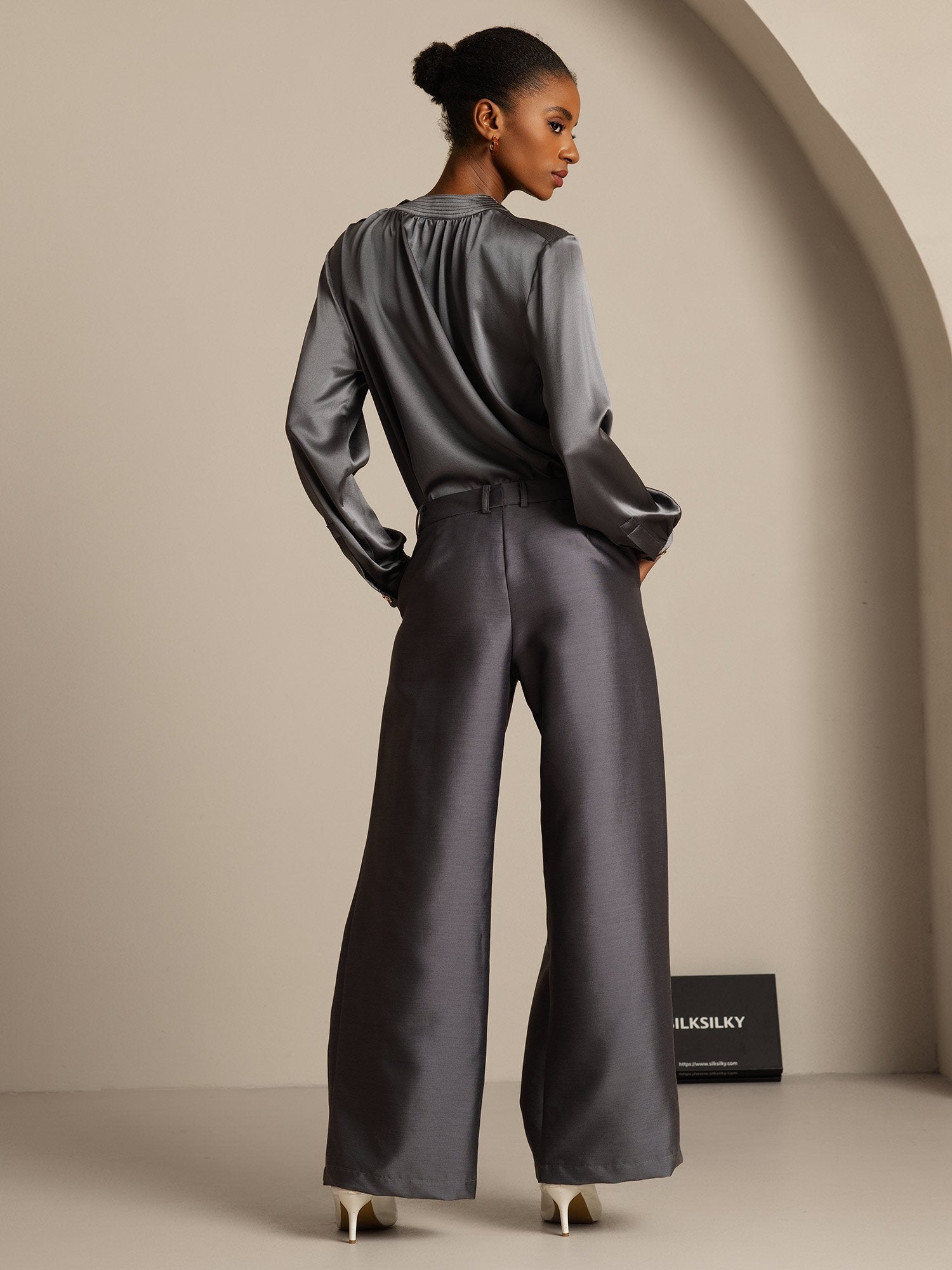 [رمادي] SilkSilky-SA 32Momme الحرير Womens Pants 002,