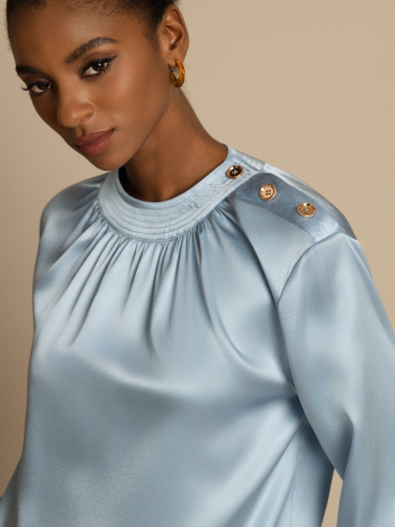 [أزرقرمادي] SilkSilky-SA 19Momme الحرير الأكمام الطويلة رقبة مستديرة بلوزة 006