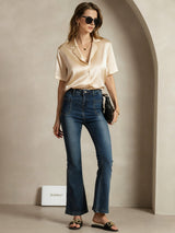 [شامبانيا] SilkSilky-SA Short Sleeve Notch Collar بلايز نسائية 007