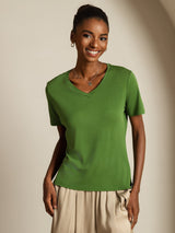 [أخضر] SilkSilky-SA Short Sleeve V Neck تي شيرت نسائية 003