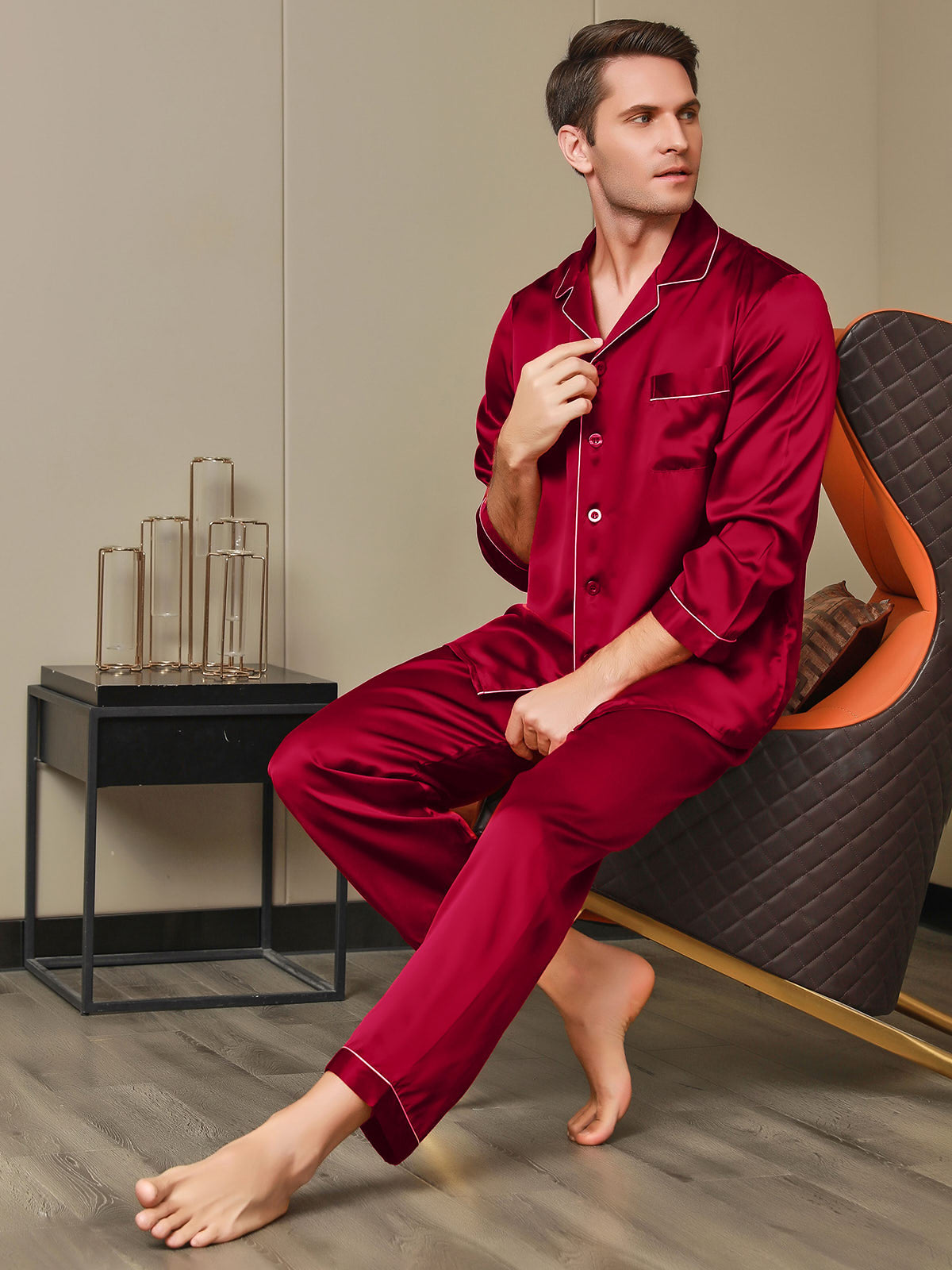[أحمر] SilkSilky-SA 19Momme الحرير الخالص Mens Pajamas 006