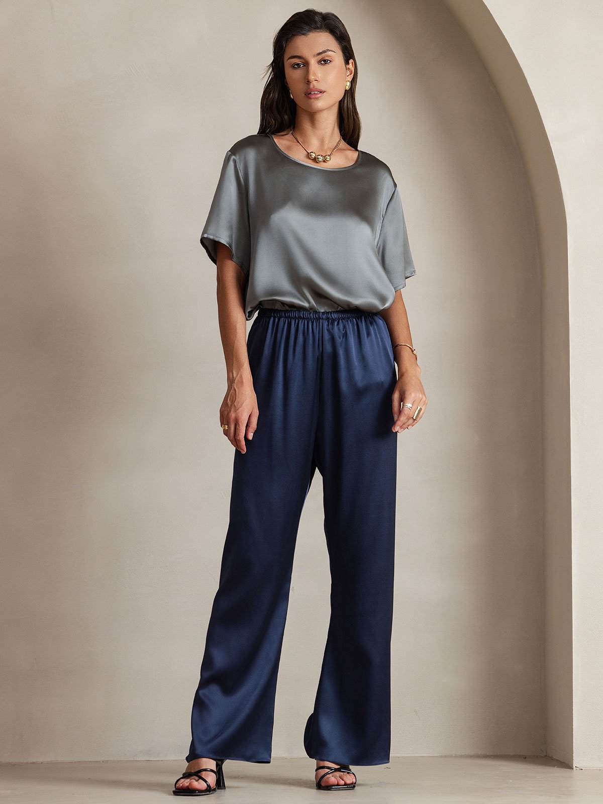 [أزرق غامق] SilkSilky-SA 19Momme الحرير Womens Pants 001