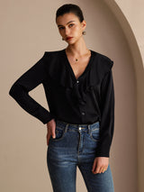 [أسود] SilkSilky-SA Long Sleeve Deep V Neck بلوزات نسائية 004