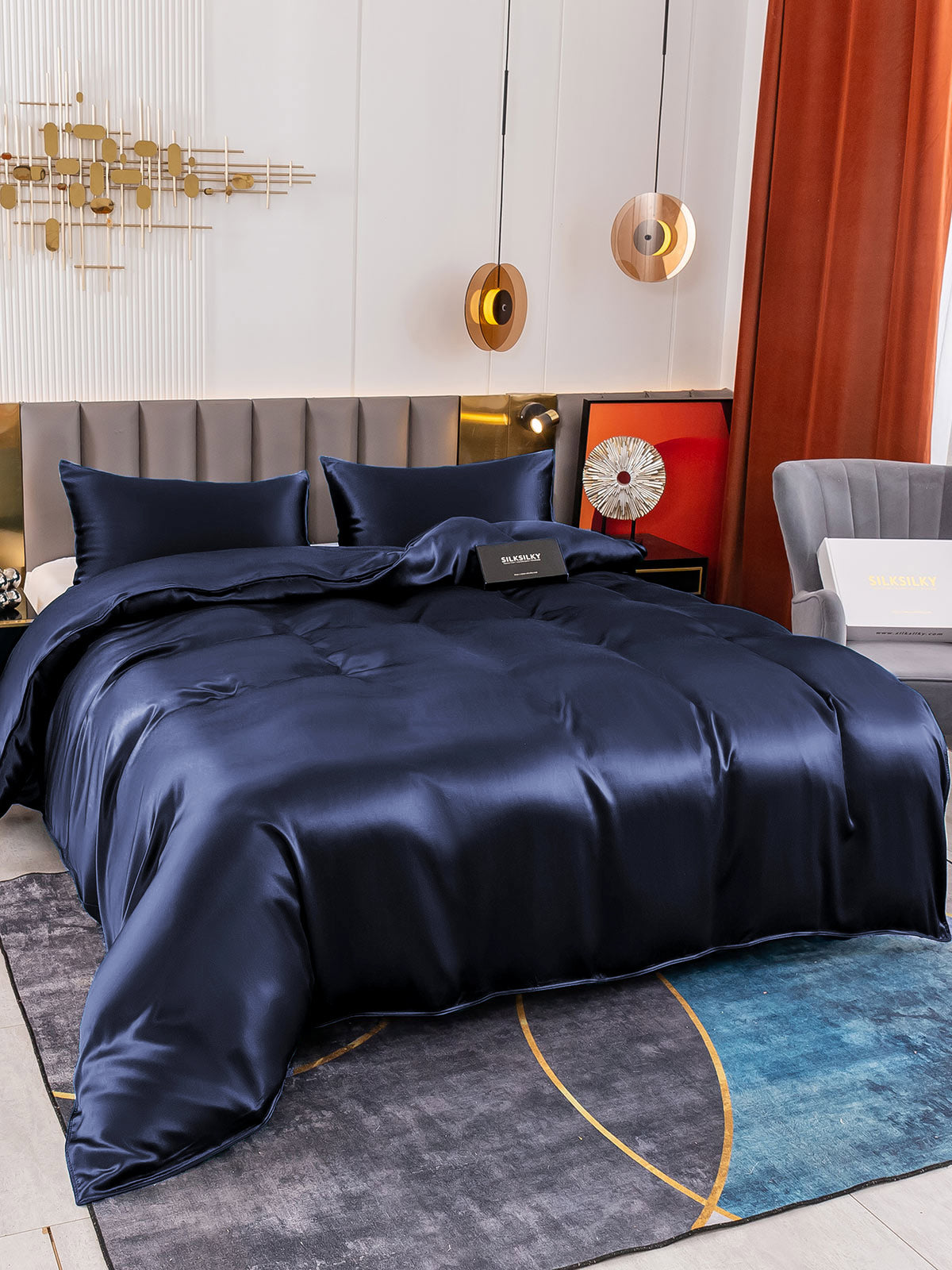 SilkSilky SA 19Momme الحرير الخالص Bedding Set أزرقغامق 004