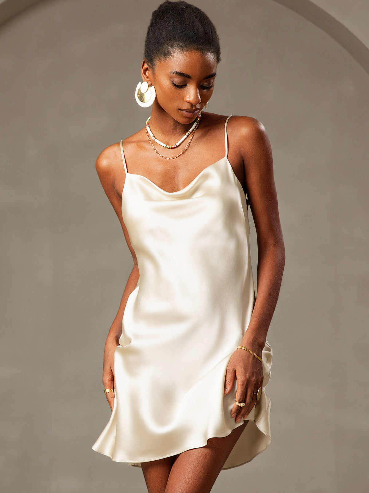 [أصفر فاتح] SilkSilky-SA الحرير الخالص فتحة عنق بثنيات ملفوفة فساتين نسائية 001