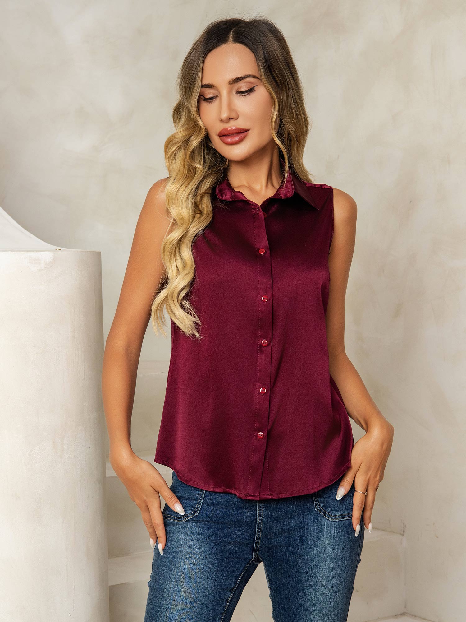 [احمر غامق] SilkSilky-SA 19Momme الحرير Lapel Collar بلايز نسائية 005