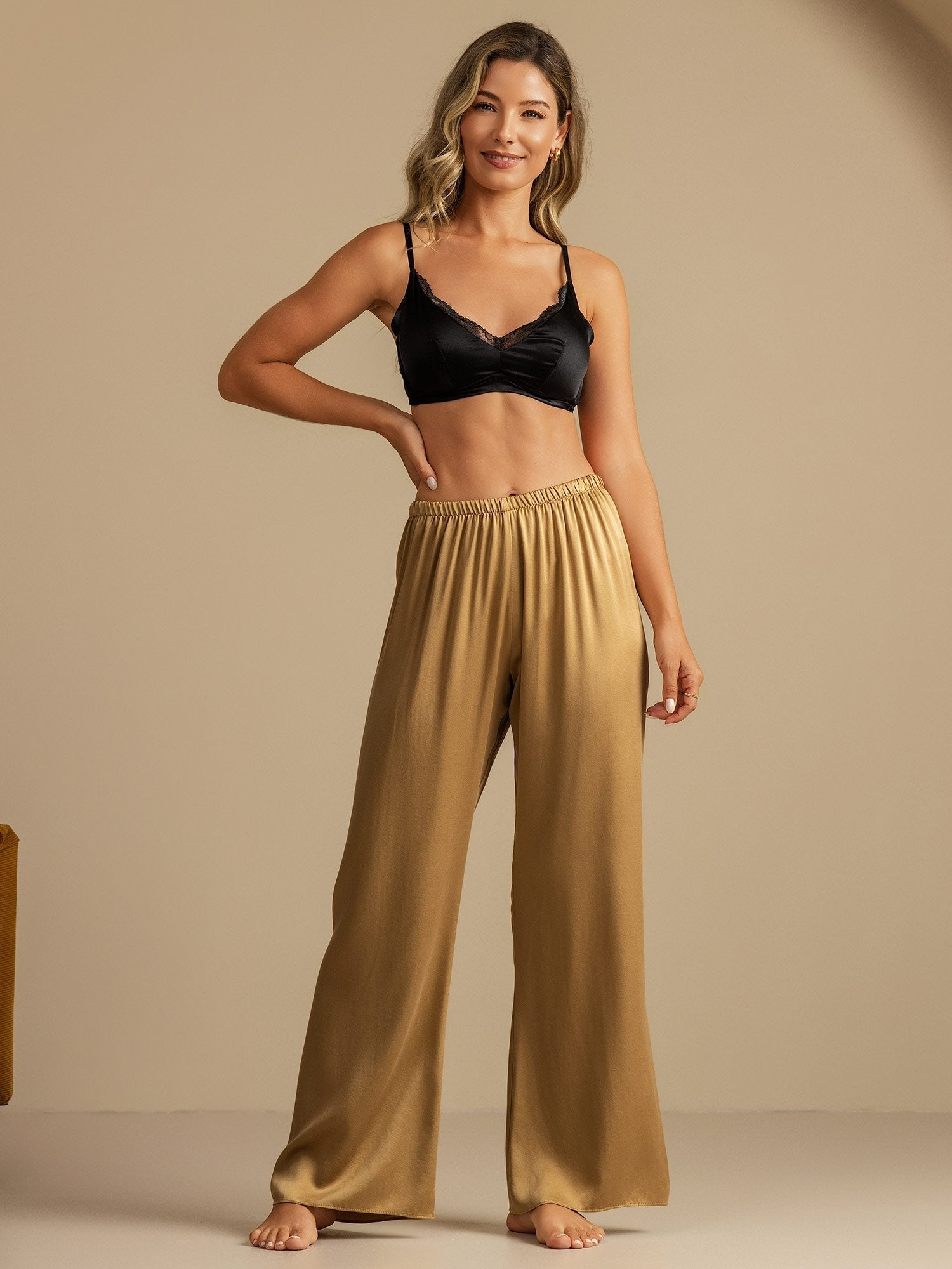 [تان (بني فاتح)] SilkSilky-SA 19Momme الحرير Womens Sleep Bottoms 007,