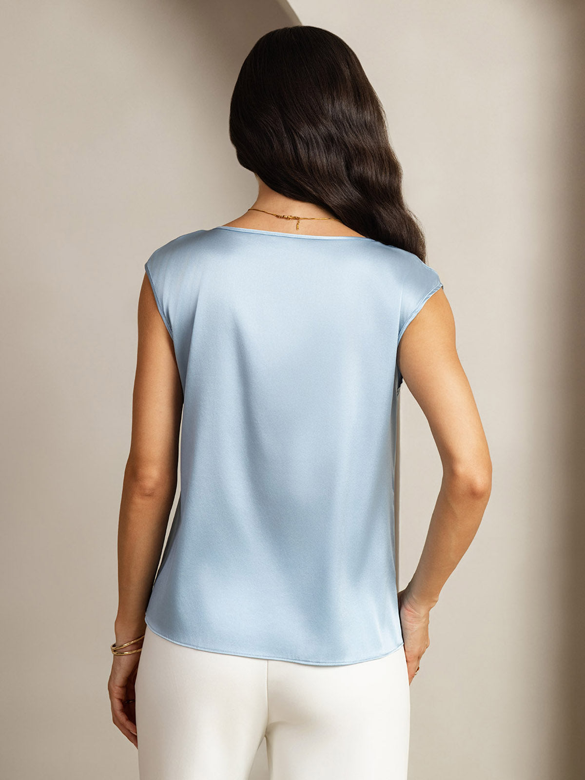 [أزرق رمادي] SilkSilky-SA 19Momme الحرير رقبة مستديرة تي شيرت نسائية 002,