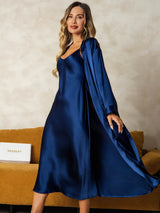 [أزرق غامق] SilkSilky-SA Long Sleeve V Neck رداء الحمام وقميص النوم 004