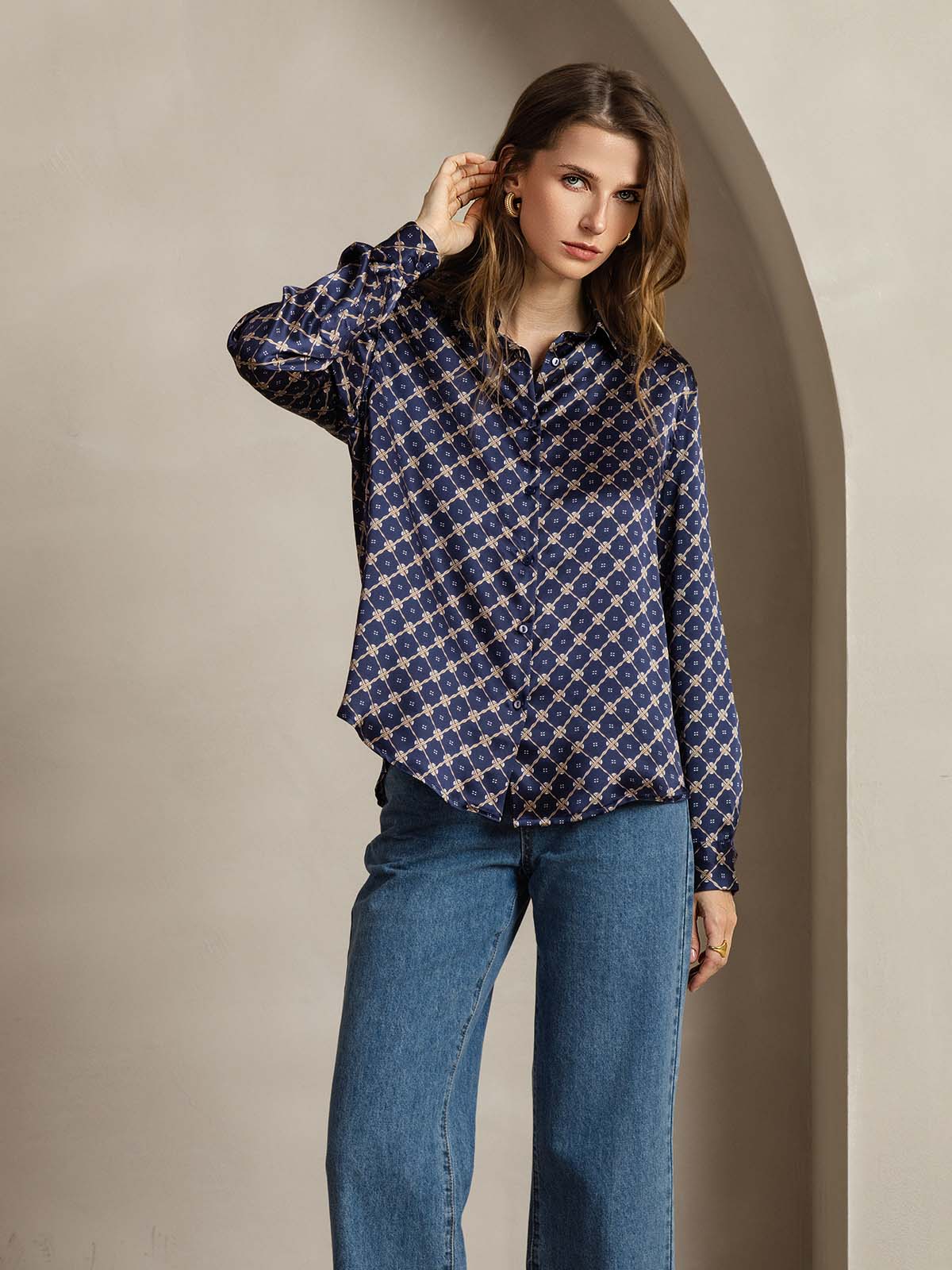 [سلسلة كحلي] SilkSilky-SA الحرير Lapel Collar بلايز نسائية 005