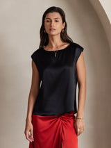 [أسود] SilkSilky-SA Cap Sleeve Round Neck تي شيرت نسائية 001