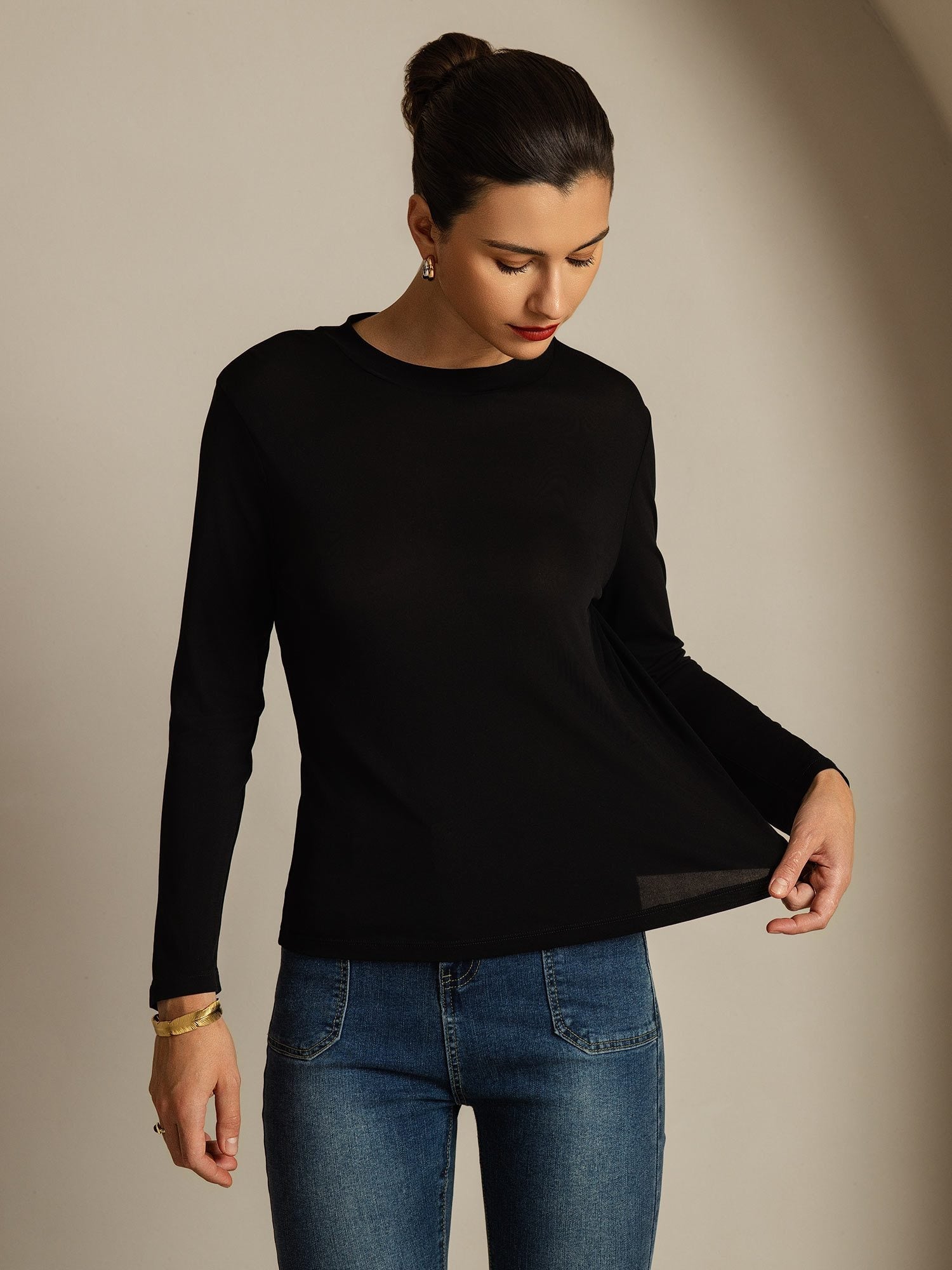[أسود] SilkSilky-SA الحرير الخالص Womens T-Shirt 003