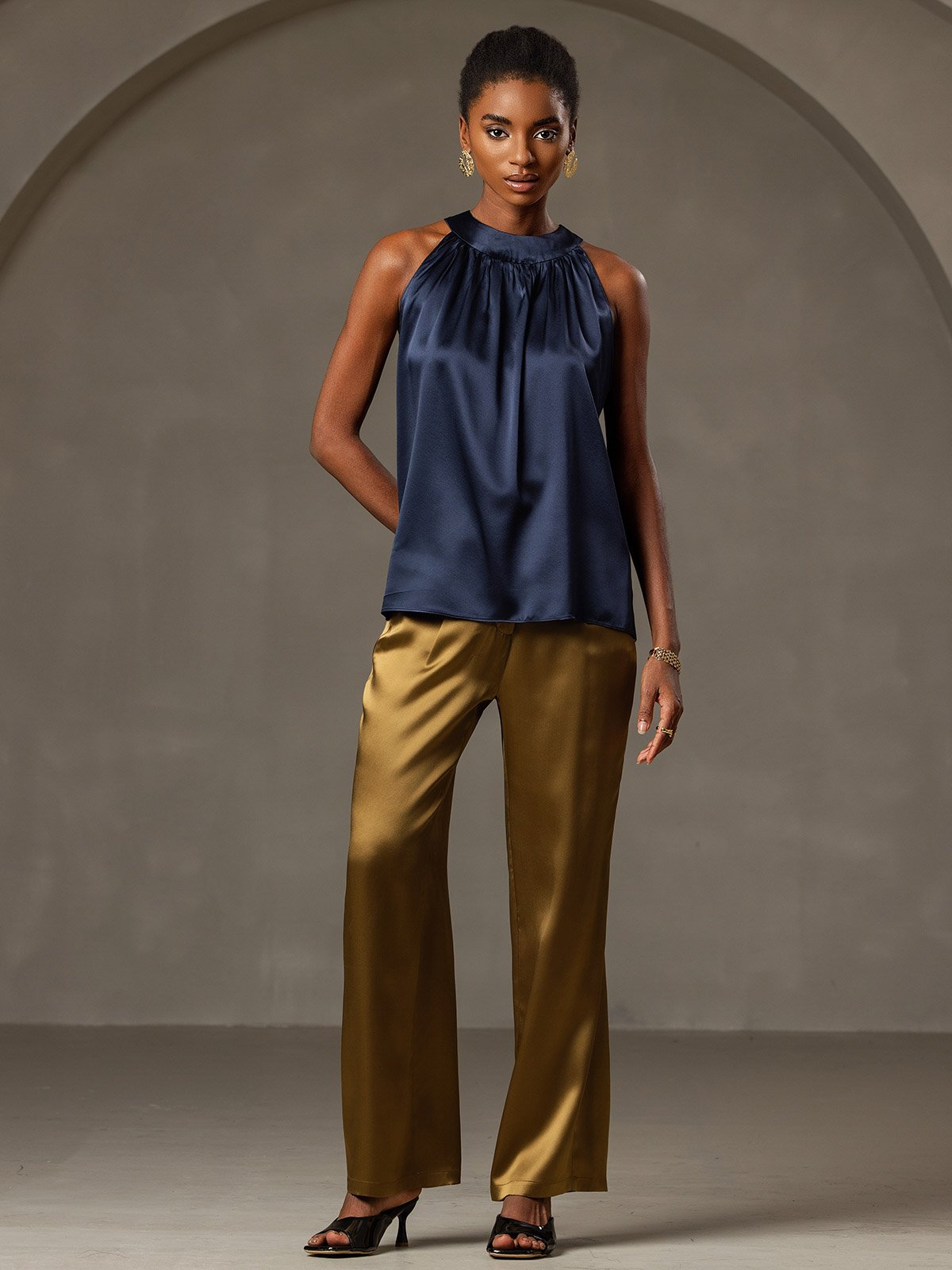 [أزرق غامق] SilkSilky-SA 19Momme الحرير Womens T-Shirt 005,