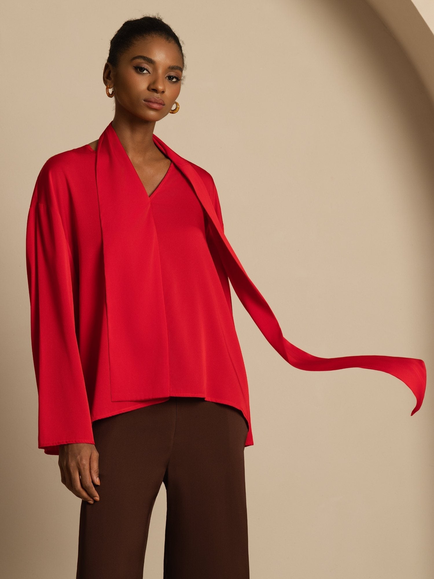 [خمر] SilkSilky-SA 19Momme الحرير الأكمام الطويلة رقبة على شكل حرف V بلوزة 003