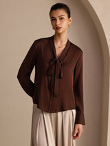 [شوكولاتة داكنة] SilkSilky-SA Long Sleeve Tie Neck بلوزات نسائية 003
