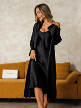 [أسود] SilkSilky-SA Long Sleeve V Neck رداء الحمام وقميص النوم 003