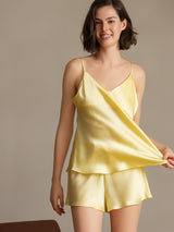 [أصفر فاتح] SilkSilky-SA Spaghetti Strap V Neck مجموعة قميص قصير 001