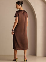 [شوكولاتة داكنة] SilkSilky-SA Short Sleeve Round Neck فساتين نسائية 002