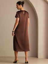 [شوكولاتة داكنة] SilkSilky-SA Short Sleeve Crew Neck فساتين نسائية 002
