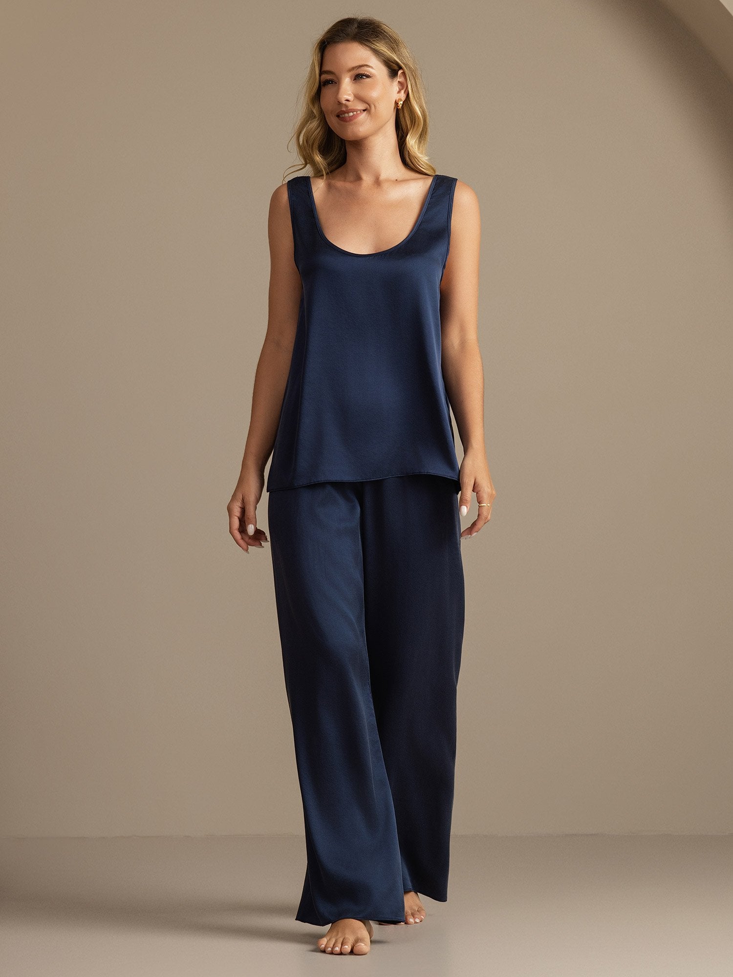 [أزرق غامق] SilkSilky-SA 19Momme الحرير Womens Pajamas 006,