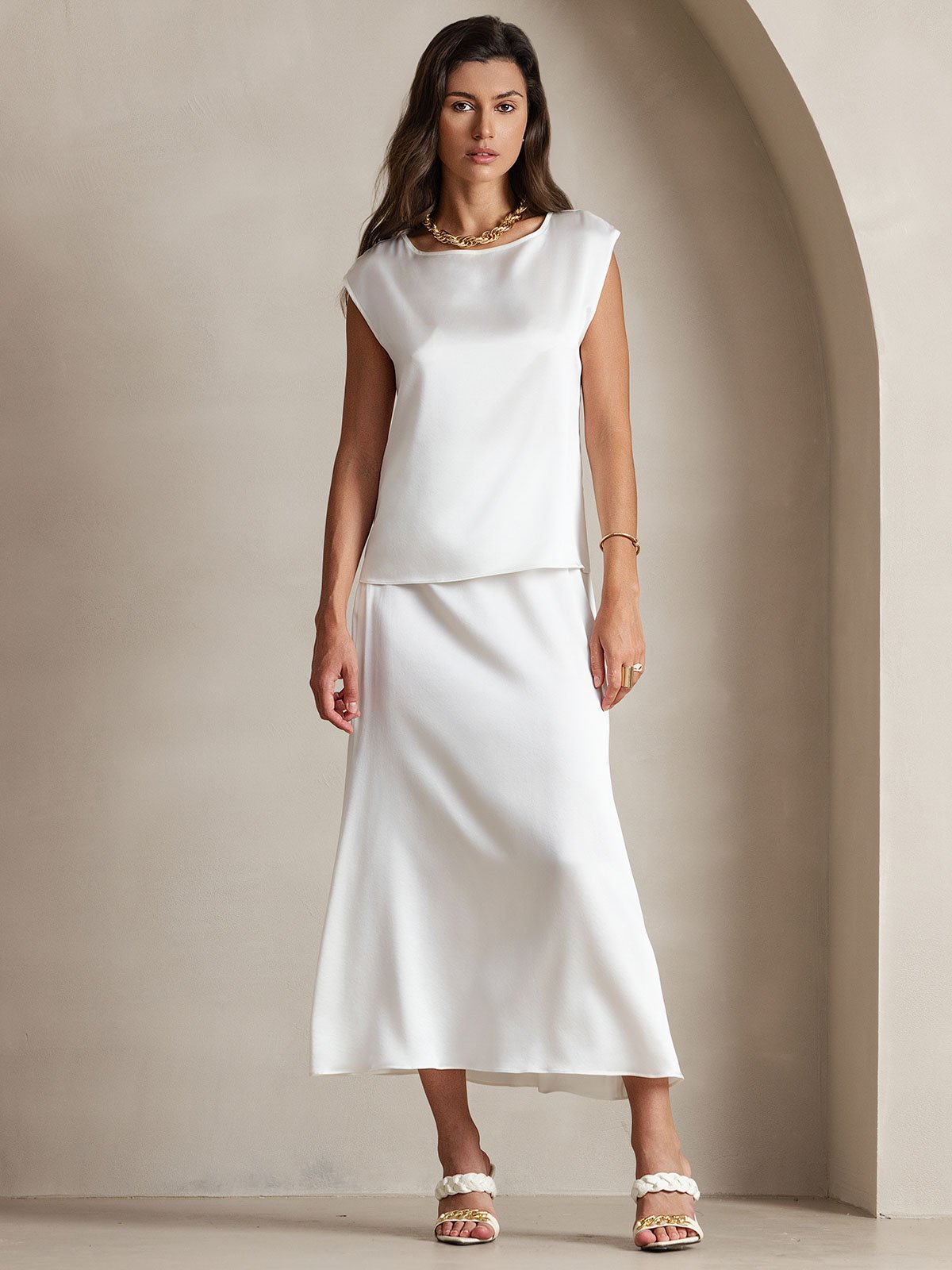 [أبيض] SilkSilky-SA 19Momme الحرير رقبة مستديرة تي شيرت نسائية 001,