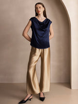 [أزرق غامق] SilkSilky-SA Cap Sleeve Cowl Neck تي شيرت نسائية 008
