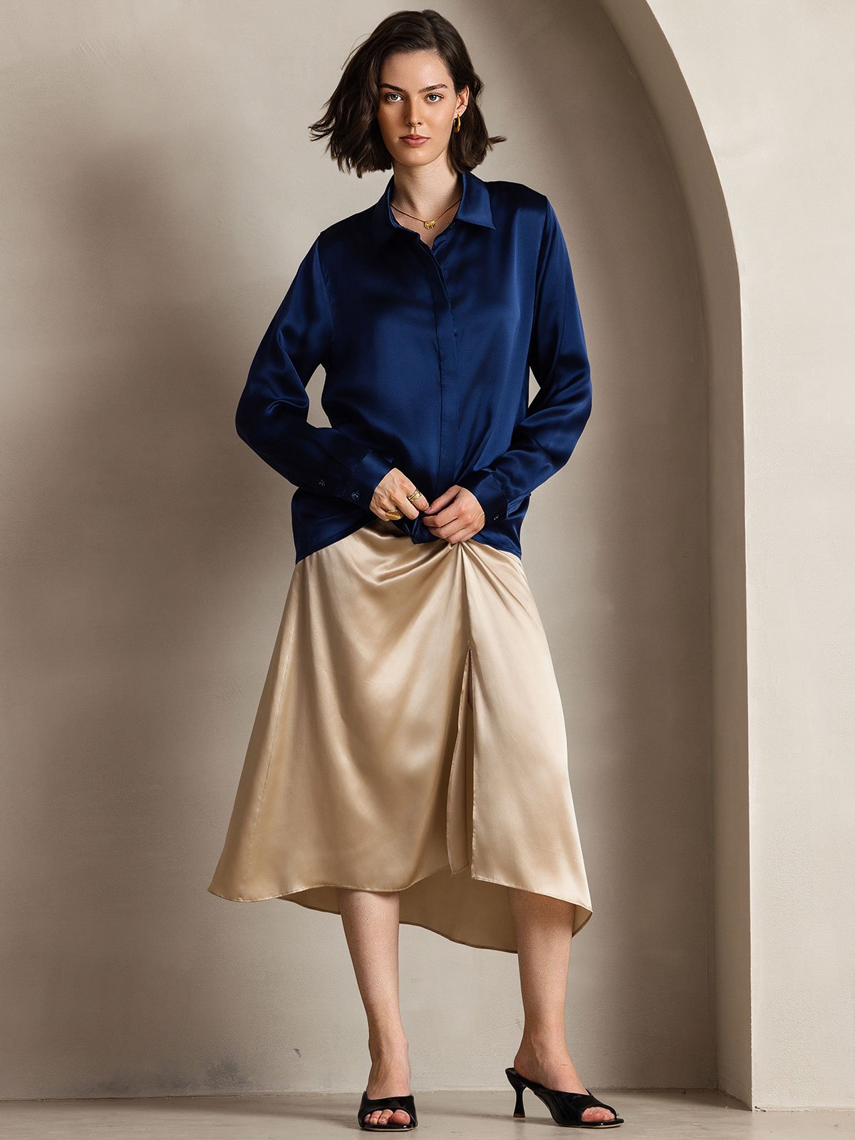 [أزرق غامق] SilkSilky-SA 19Momme الحرير الأكمام الطويلة Lapel Collar بلايز نسائية 003