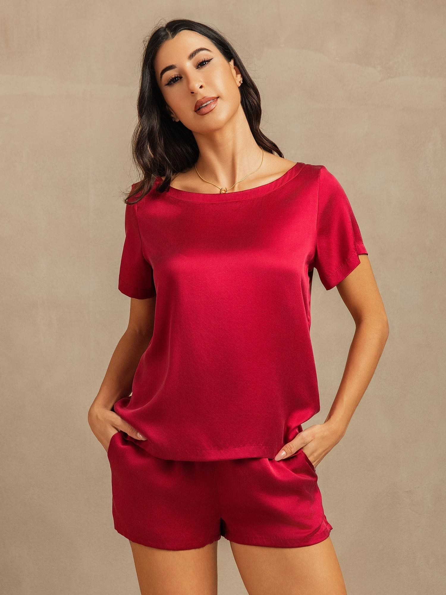 [خمر] SilkSilky-SA 19Momme الحرير رقبة مستديرة طقم بيجامة نسائي 001