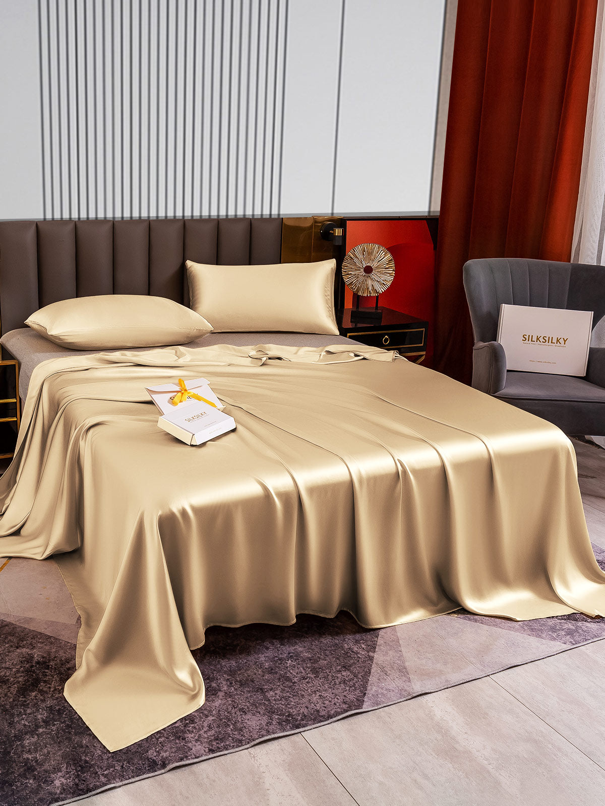 SilkSilky SA 22Momme الحرير الخالص Bedding Set اللونالبيج 003