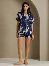 [فهد أزرق داكن] SilkSilky-SA Short Sleeve Notch Collar طقم بيجامة نسائي 007
