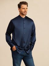 [أزرق غامق] SilkSilky-SA Long Sleeve Stand Collar قميص رجالي 006