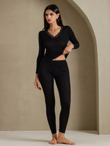 [أسود] SilkSilky-SA Long Sleeve V Neck ملابس داخلية طويلة نسائية 004