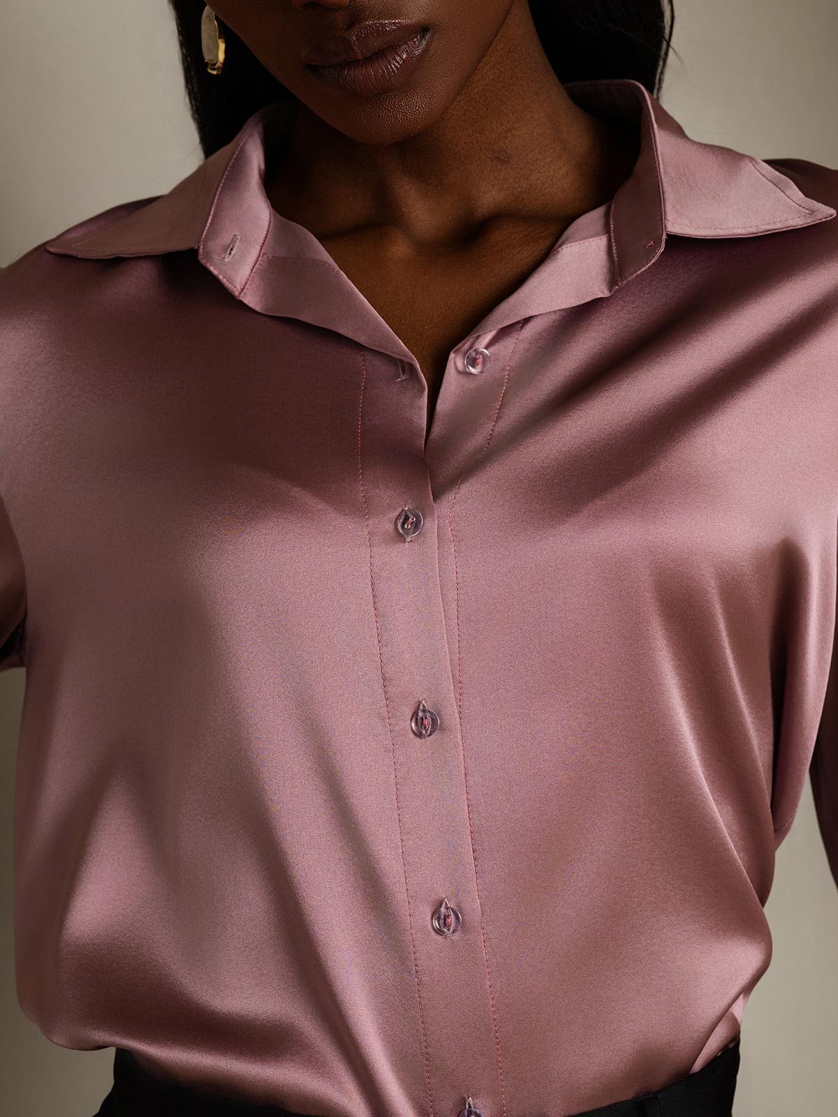 [الوردي الأرجواني] SilkSilky-SA 19Momme الحرير الأكمام الطويلة Lapel Collar بلايز نسائية 008