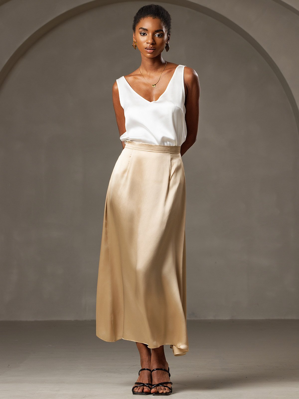 [شامبانيا] SilkSilky-SA 19Momme الحرير Skirt 001