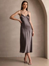 [كاكي غامق] SilkSilky-SA Sleeveless V Neck فساتين نسائية 005