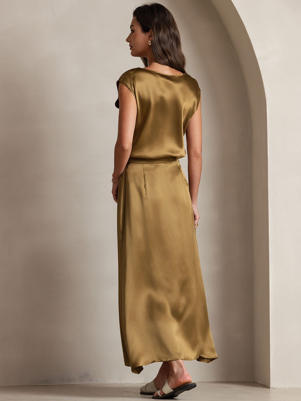 [بني] SilkSilky-SA 19Momme الحرير Skirt 004