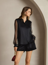 [أسود] SilkSilky-SA Long Sleeve Lapel Collar بلايز نسائية 003