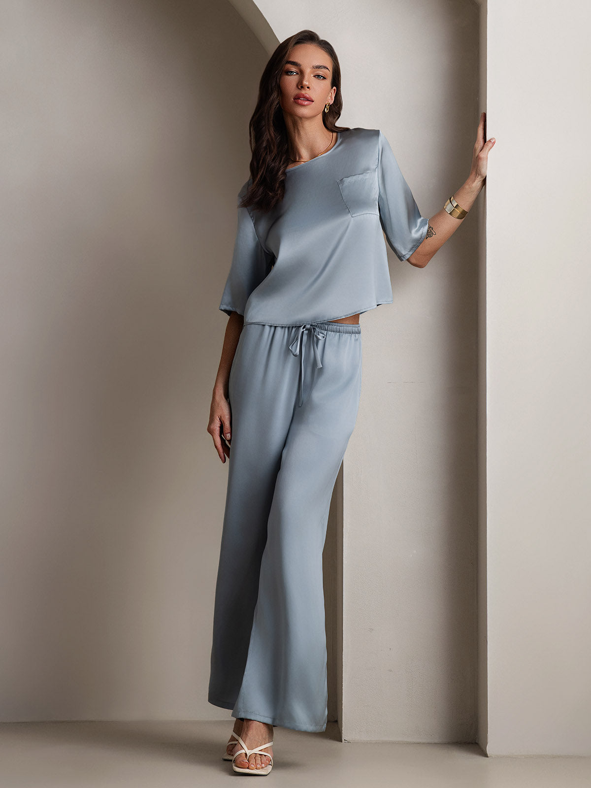 [أزرق رمادي] SilkSilky-SA الحرير الخالص رقبة مستديرة طقم بيجامة نسائي 001