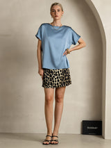 [أزرق رمادي] SilkSilky-SA Short Sleeve Boat Neck تي شيرت نسائية 006