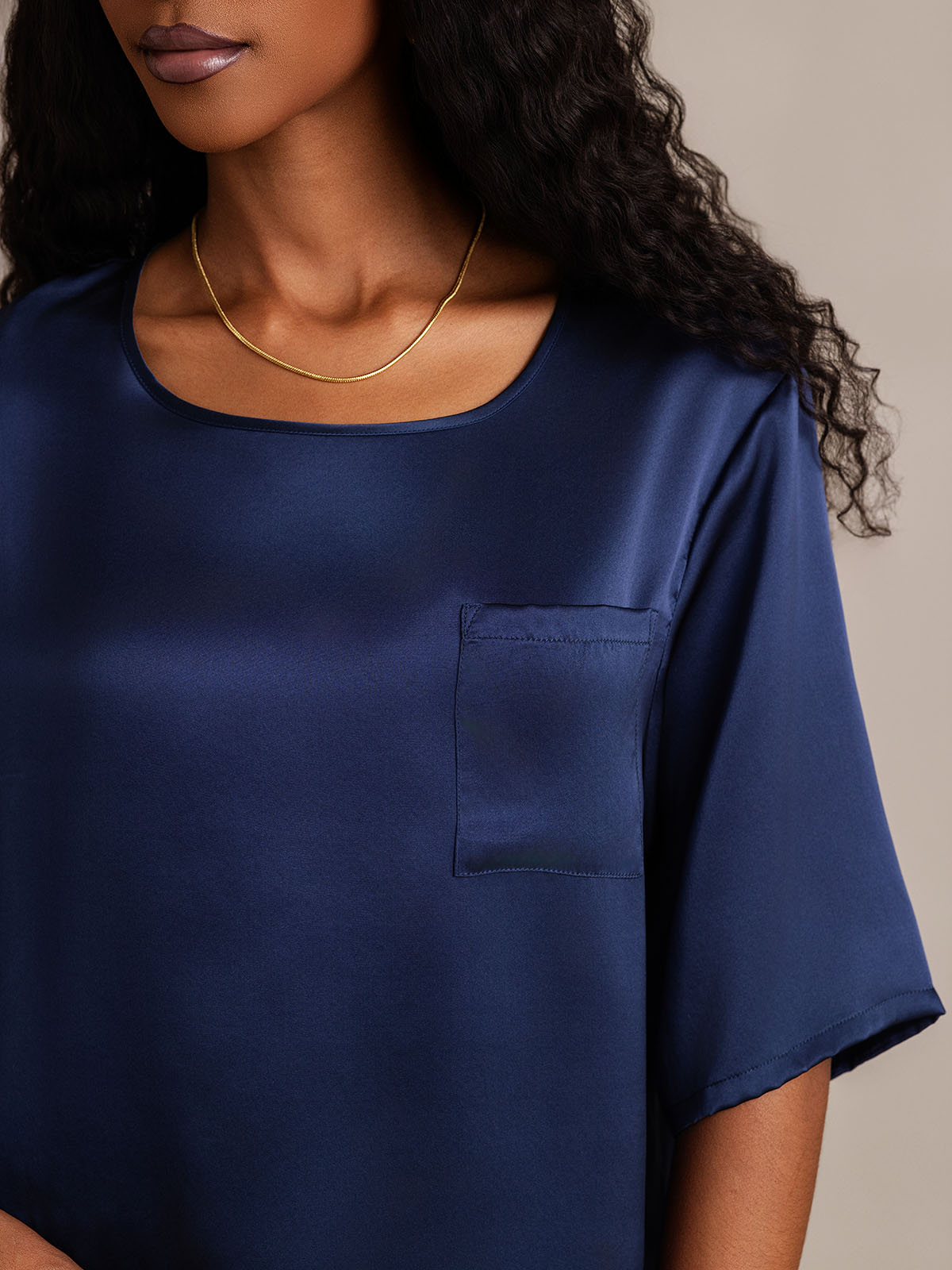 [أزرق غامق] SilkSilky-SA الحرير الخالص رقبة مستديرة طقم بيجامة نسائي 008