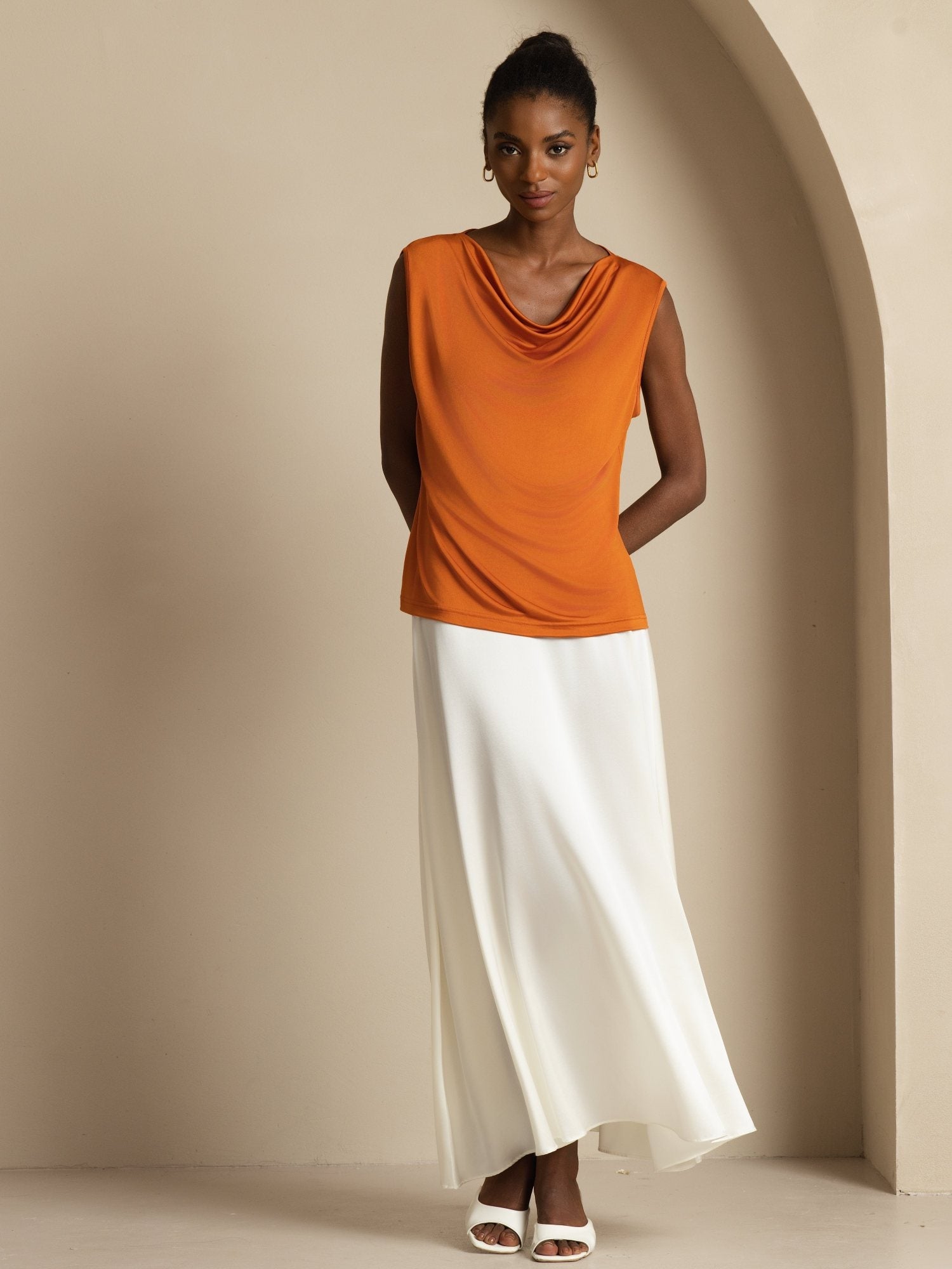 [البرتقالي] SilkSilky-SA بدون أكمام ياقة متدلية تي شيرت نسائية 005