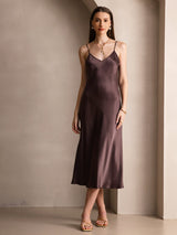 [قهوة] SilkSilky-SA Sleeveless V Neck فساتين نسائية 006