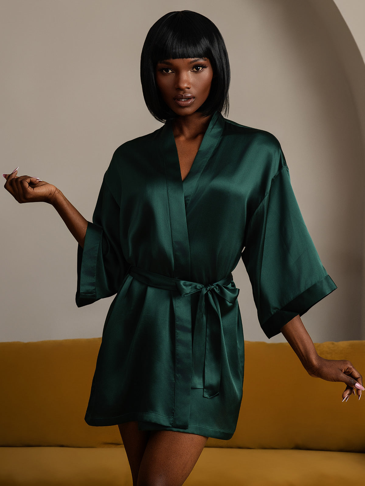 [أخضرغامق] SilkSilky-SA الحرير الخالص نصف الأكمام Womens Robe 005