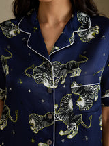 [أسد أزرق داكن] SilkSilky-SA Short Sleeve Notch Collar طقم بيجامة نسائي 005